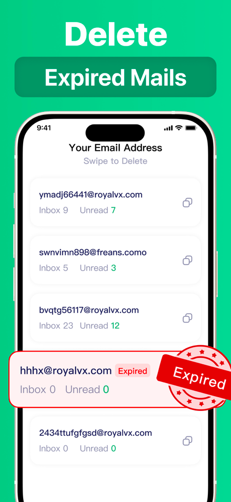 Temp Mail Pro ™ - Interface of the Temp Mail Pro app displaying a list of temporary email addresses with one highlighted as expired and a prompt to delete it