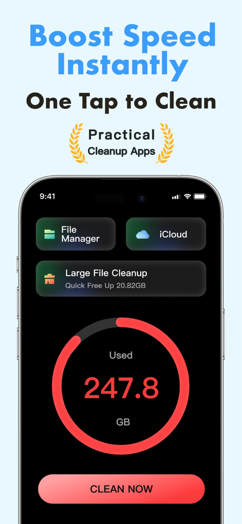 Memory Master app interface showing phone storage usage with a clean now button and storage management options