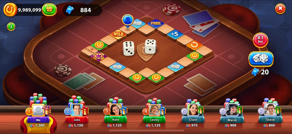 Social board game interface in Solitaire Golden Prairies featuring dice and player rankings