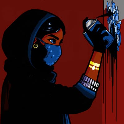 realistic girl with mask spray painting a wall