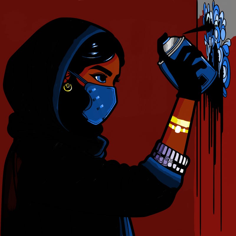 realistic girl with mask spray painting a wall