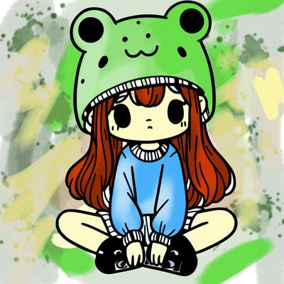a girl wearing a frog hat and some frog socks
