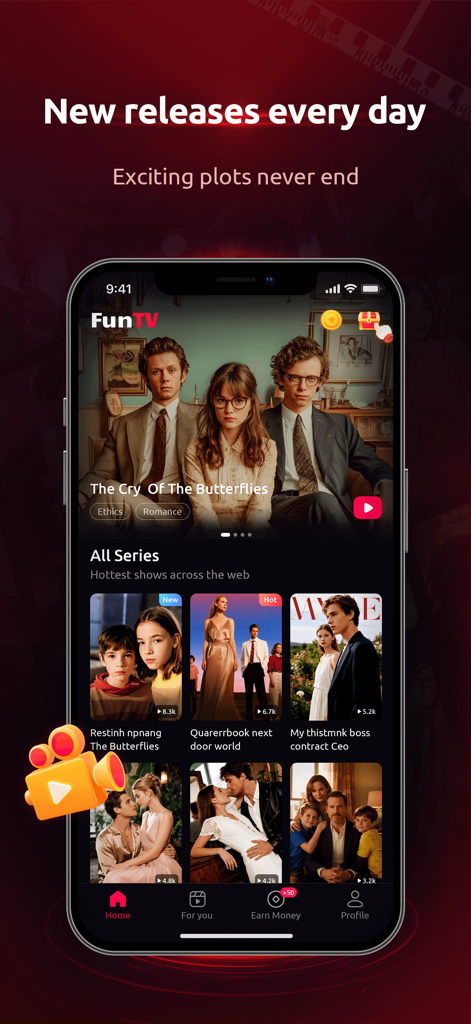 FunTV app interface showing a gallery of short drama series with a headline about daily new releases.