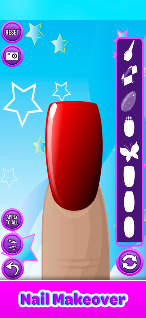 Nail Salon - Paint & Decorate - Digital nail makeover interface featuring a large red fingernail and various decoration tools