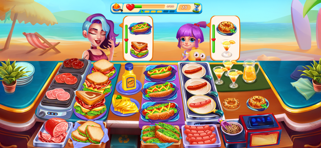 Chef Adventure: Cooking Games - Gameplay of Chef Adventure showing food preparation at a beach restaurant