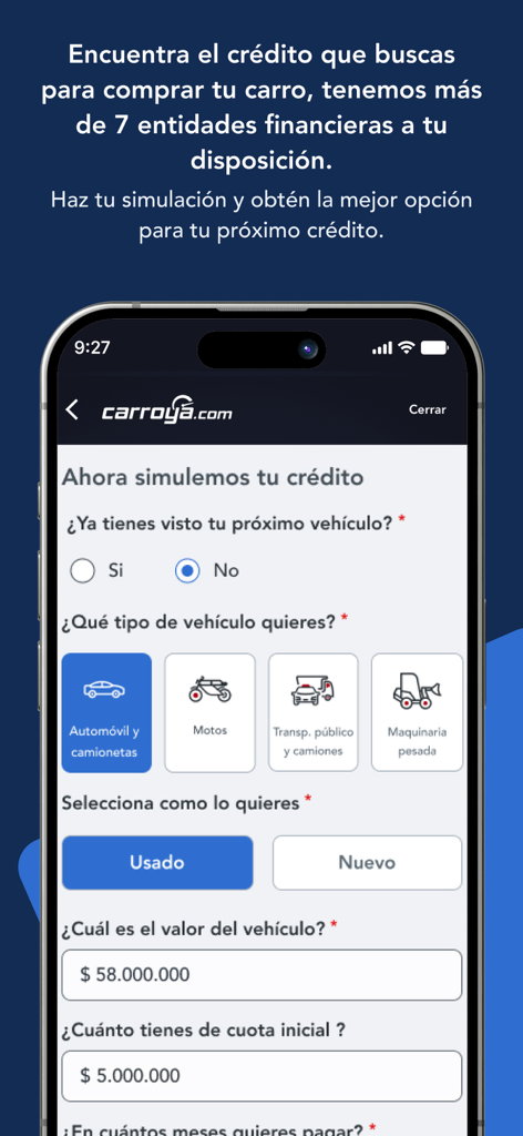 CarroYa - Tela móvel mostrando o formulário de simulação de crédito de veículo do CarroYa