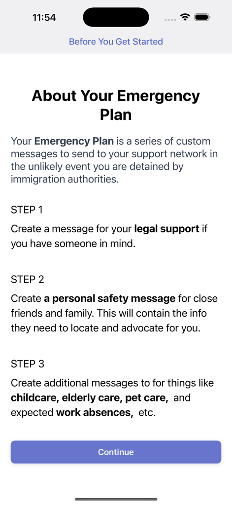 Introduzione alla creazione di un piano di emergenza nell'app mobile ReadyNow, inclusi i passaggi di supporto legale e personale.