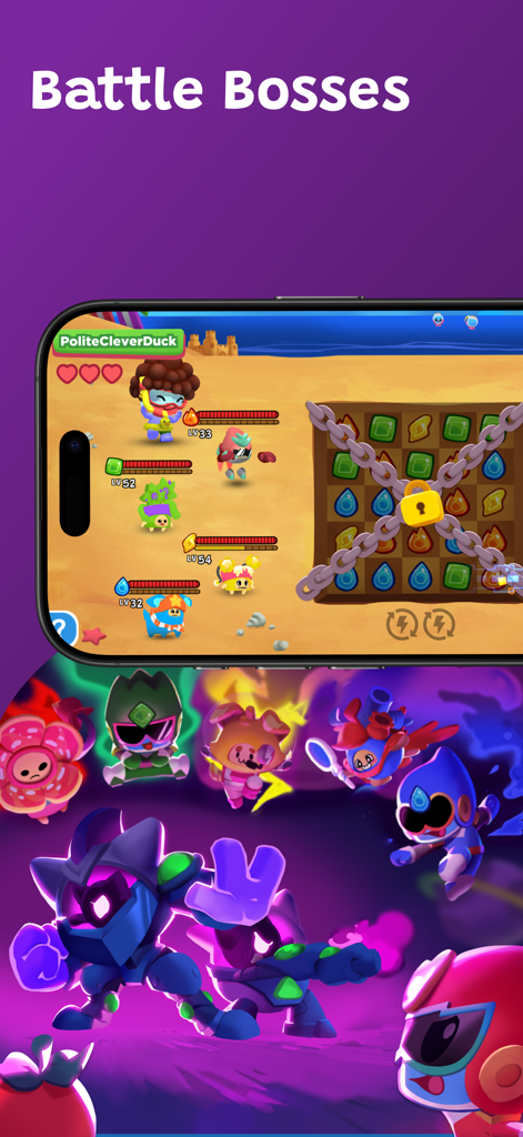 Boddle - Captura de pantalla de la aplicación Boddle que muestra un nivel de batalla contra jefes con personajes con cabeza de botella y un tablero de juego de rompecabezas