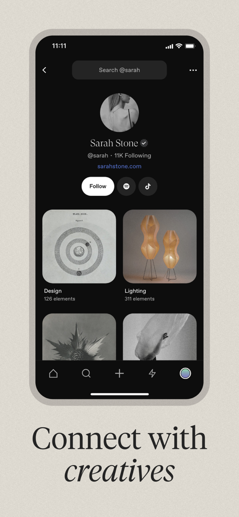 Cosmos: Search & Discover - Mobile app screen showing a user profile on Cosmos with curated design and lighting mood boards.