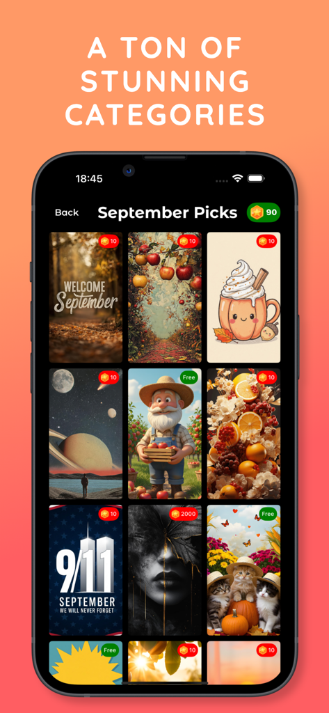 Wallcraft - 4K HD Wallpapers - Una pantalla de aplicación móvil que muestra una cuadrícula diversa de fondos de pantalla de septiembre de temporada y categorías de arte digital.