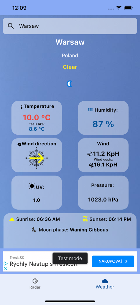 Weather radar Europe - Detailed weather dashboard for Warsaw showing temperature, wind, and humidity information