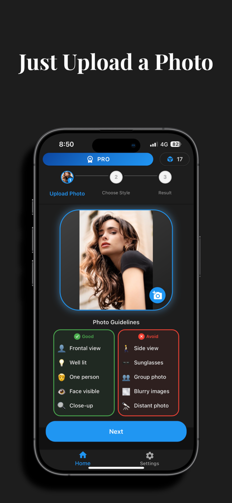 HairLook - Hairstyle Try On - Interface do aplicativo HairLook mostrando a etapa de carregamento da foto com diretrizes detalhadas para os melhores resultados de IA, incluindo vista frontal e recomendações de boa iluminação