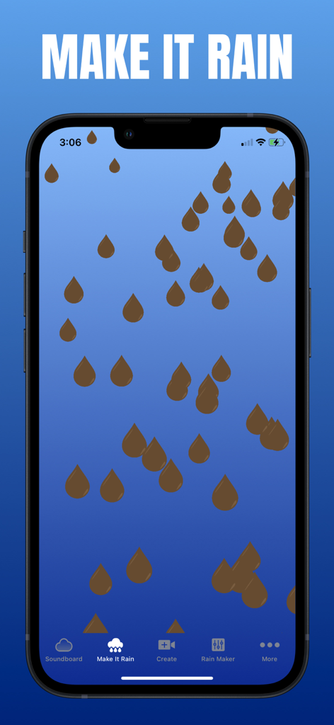 Fart World app showing the Make It Rain feature with falling poop icons on a blue background
