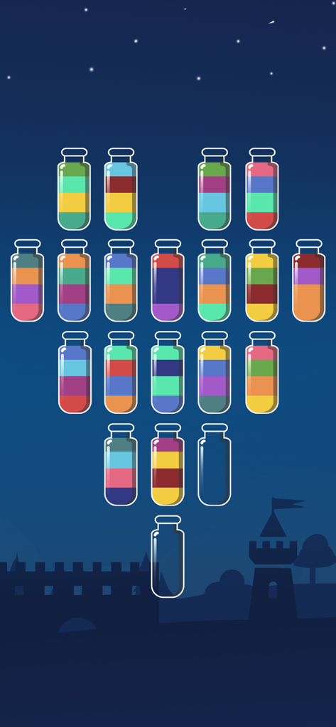 Water Sort Puzzle - 星空と城のシルエットの背景に層になった着色された液体で満たされた複数のガラス管を示すWater Sort Puzzleのモバイルゲームプレイ画面