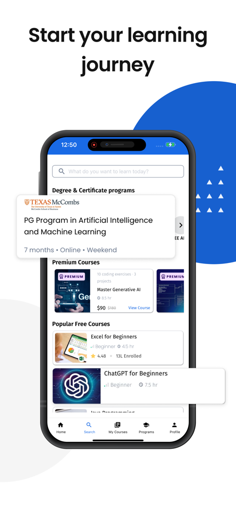 La pantalla de inicio de la aplicación Great Learning que muestra programas de certificación profesional en IA y aprendizaje automático de Texas McCombs.