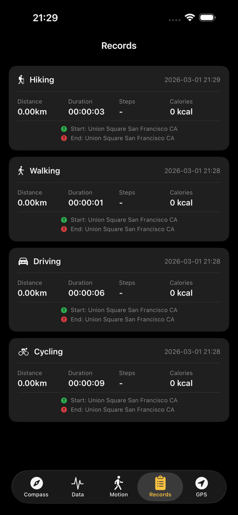 Compass: GPS Altimeter & Nav - Activity logs screen showing hiking walking driving and cycling records with duration distance and calorie data