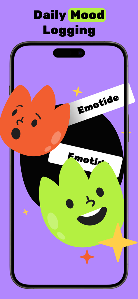 Emotide-My Emotion Recoder - Pantalla de registro de estado de ánimo diario de la aplicación Emotide con iconos expresivos coloridos sobre un fondo morado.