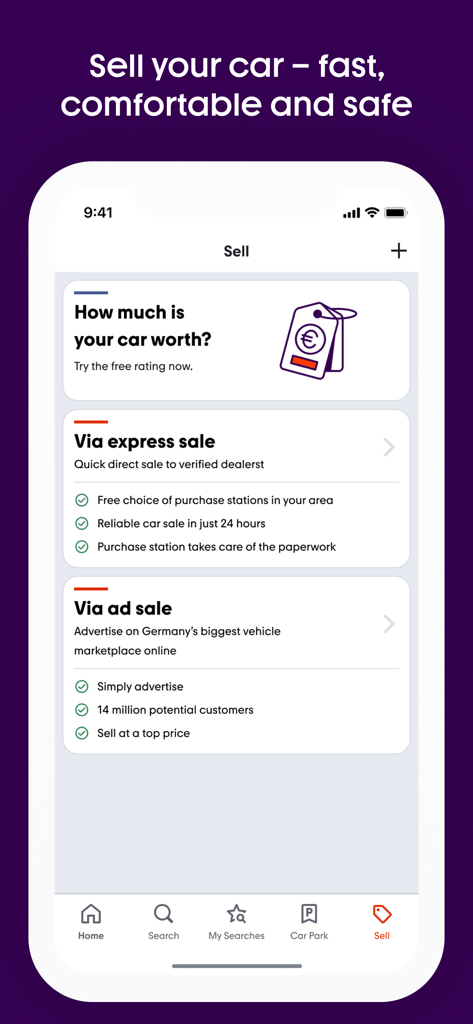 L'interface de vente de voitures de l'application mobile.de propose des options de vente express et de vente par annonce.
