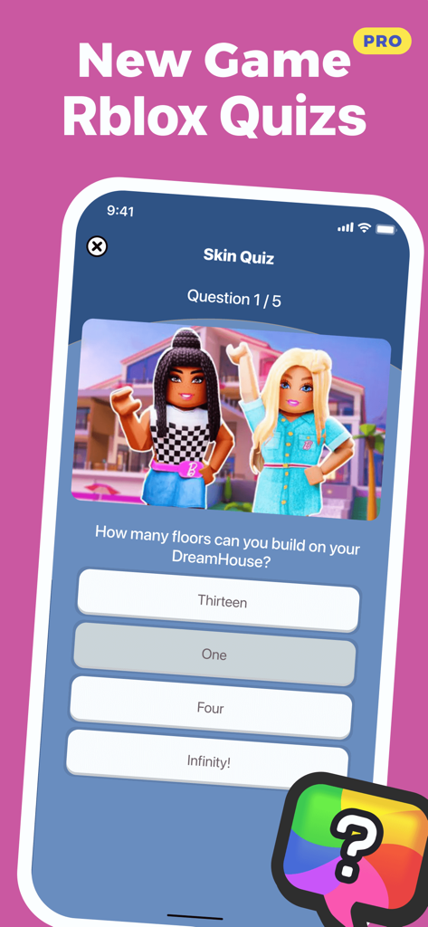 Auto Clicker – Fast Tap - Uma tela de aplicativo mobile mostrando um quiz de skins do Roblox com uma pergunta sobre a construção de andares na DreamHouse.