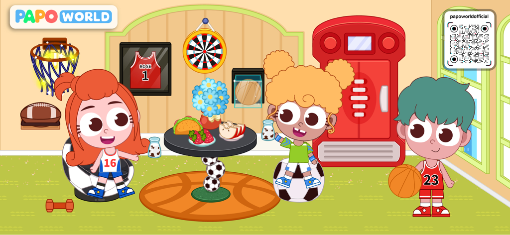 Papo Town: World - Characters in a sports-themed room with basketballs, soccer balls, and food in Papo Town World