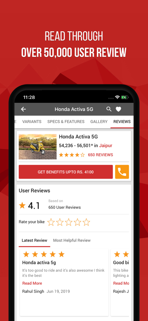 BikeDekho - A smartphone screen displaying user reviews and star ratings for the Honda Activa 5G on the BikeDekho app
