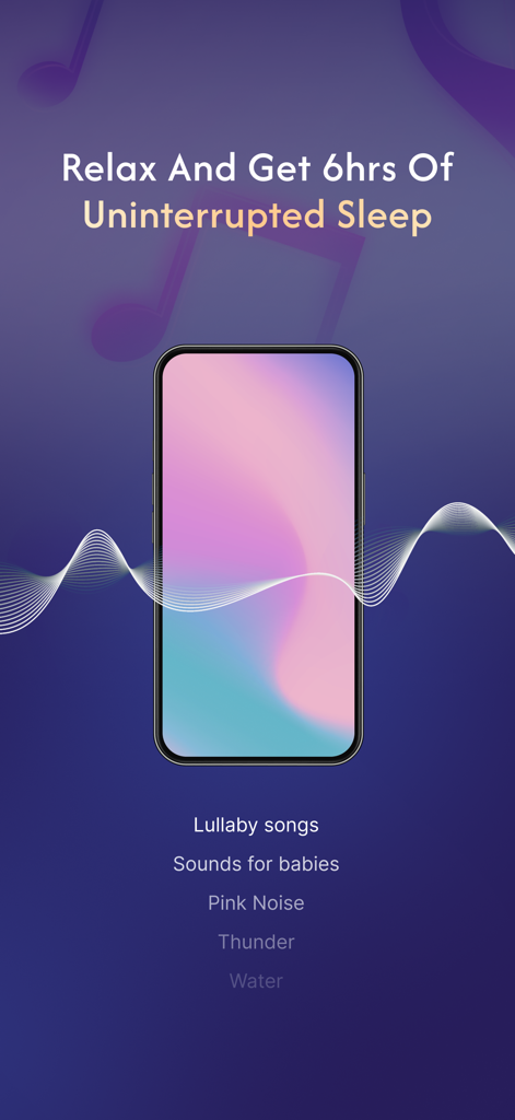 White Noise ASMR Sleep Sounds - Un smartphone que muestra la interfaz de la aplicación Sonidos para Dormir ASMR de Ruido Blanco con una lista de categorías de audio relajantes, incluyendo canciones de cuna y ruido rosa.