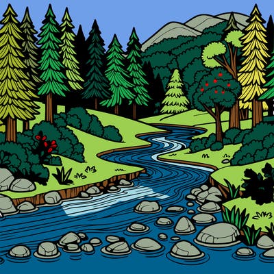 realistic forest with flowing river