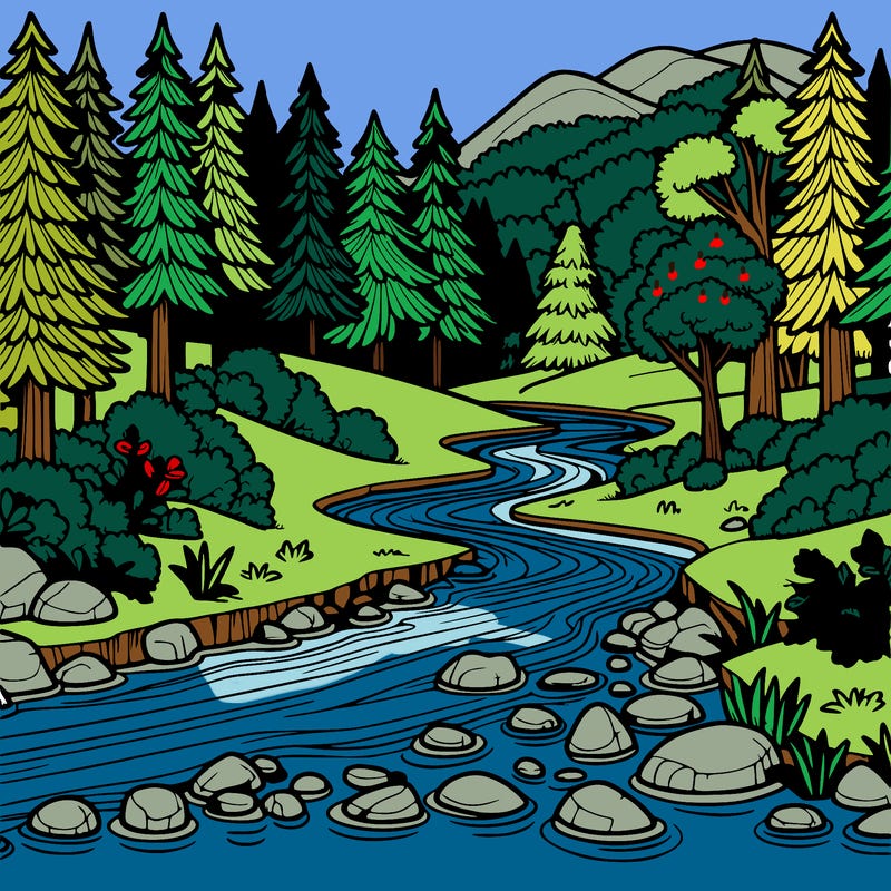 realistic forest with flowing river