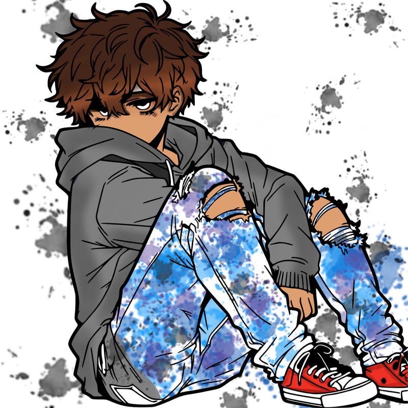 a male hoddie ripped jeans messy hair anime