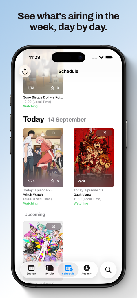 Kitsune for MyAnimeList - Screenshot of Kitsune for MyAnimeList app showing a minimalist weekly anime release schedule on an iPhone