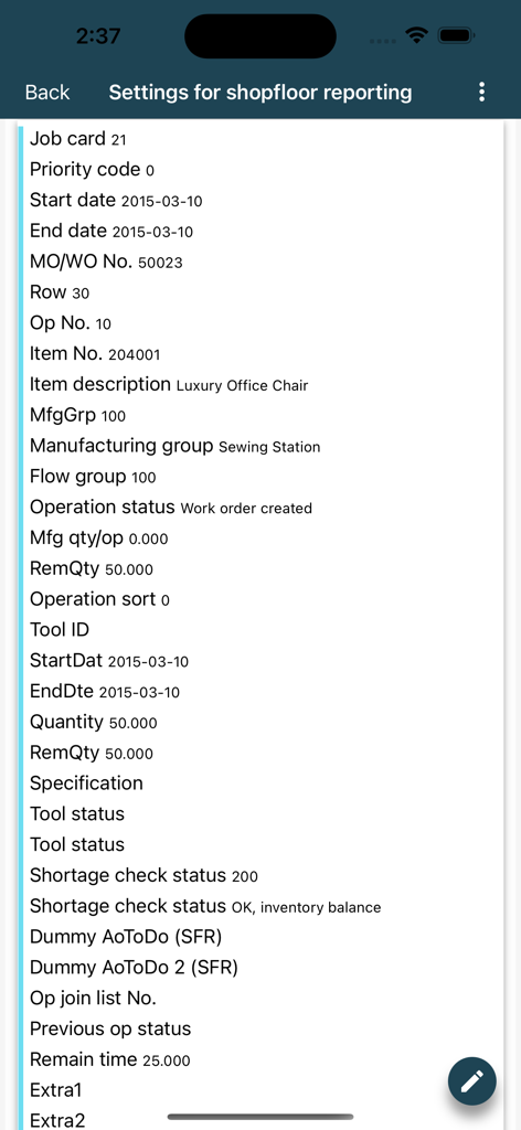 Jeeves ERP - Jeeves ERP interface for shop floor reporting and manufacturing work order details.
