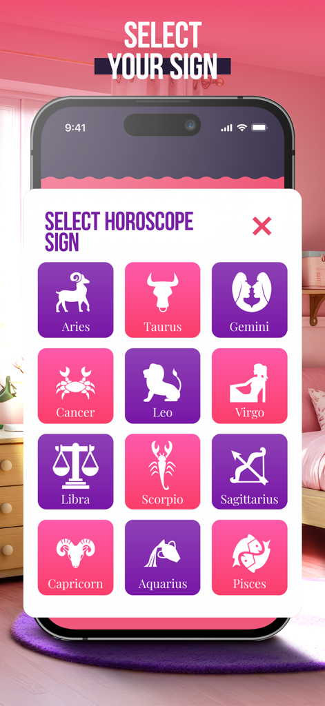 My Super Secret Diary Notes - Zodiac sign selection screen in the My Super Secret Diary app featuring twelve colorful horoscope icons.
