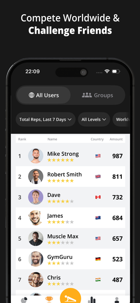 Global leaderboard screen in the GOLDEN Push Up app showing worldwide user rankings and total reps