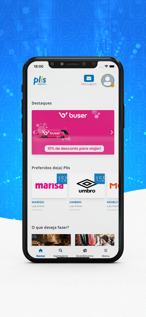 Clube Plis - Tela inicial do aplicativo Clube Plis exibindo descontos em compras para viagens de ônibus e lojas de roupas