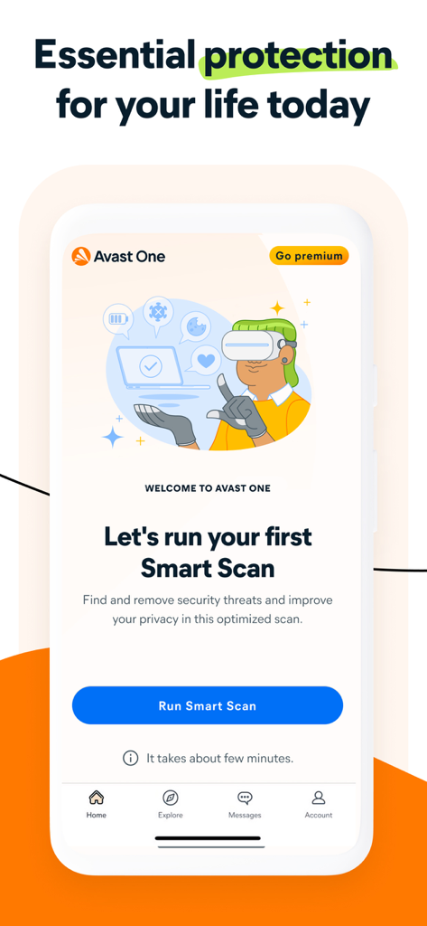 Avast One – Privacy & Security - Avast One mobile app welcome screen with a smart scan security feature