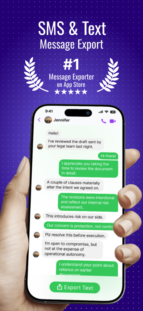 エクスポートテキストボタンが表示された法的チャット会話を示すiPhoneを持つ手