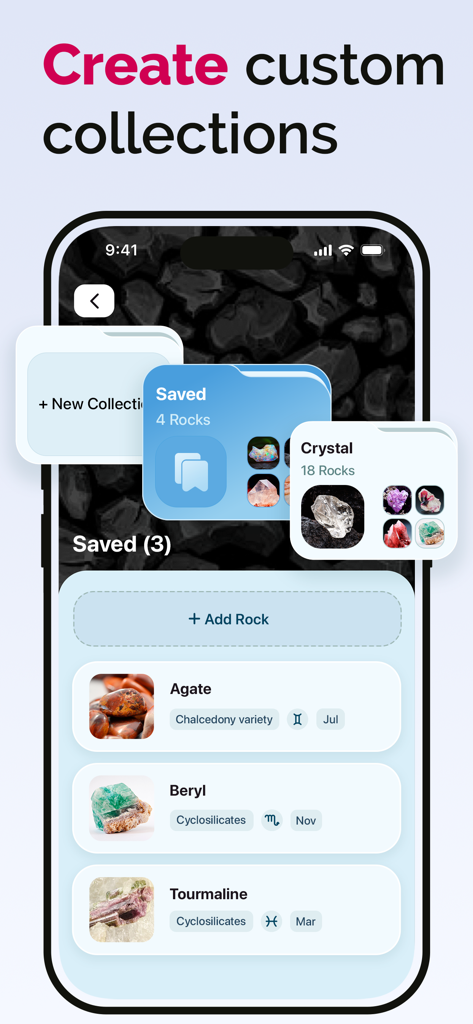 Smartphone screen of Rock ID app showing custom collections of identified stones like Agate and Beryl