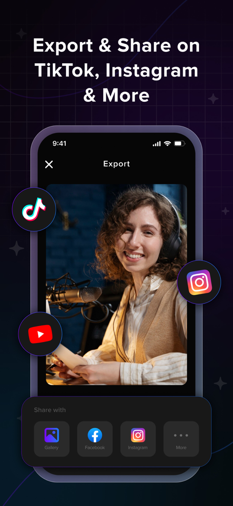 AI Captions app export screen showing options to share videos on TikTok, Instagram, and YouTube.
