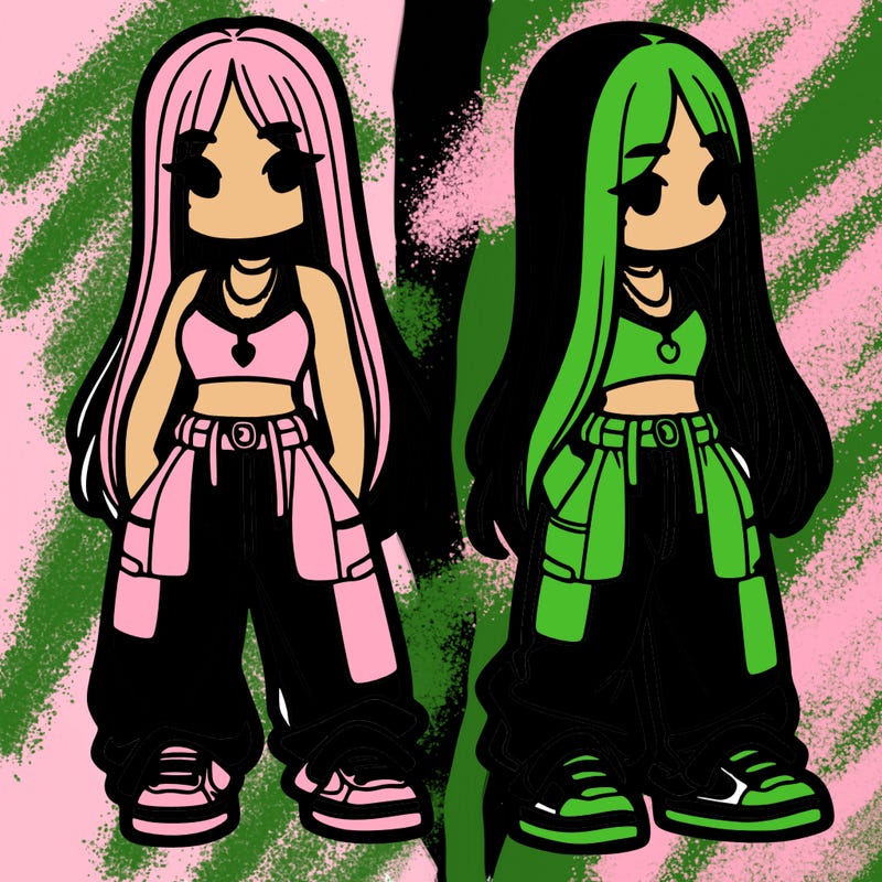 girl in baggy pants crop top and long hair