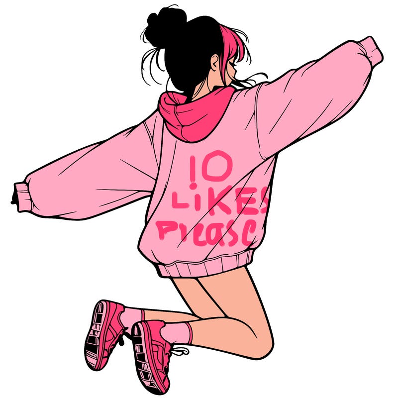 realistic girl jumping with a bun and oversized sweatshirt
