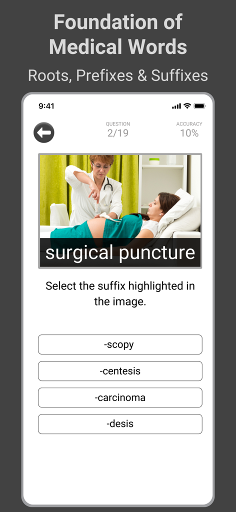 Medical terminology quiz screen in the Medical Findings app displaying a multiple choice question about suffixes