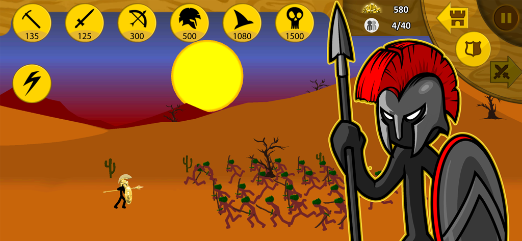 Um guerreiro Spearton com um capacete vermelho e uma lança diante de um campo de batalha no deserto em Stick War Legacy.