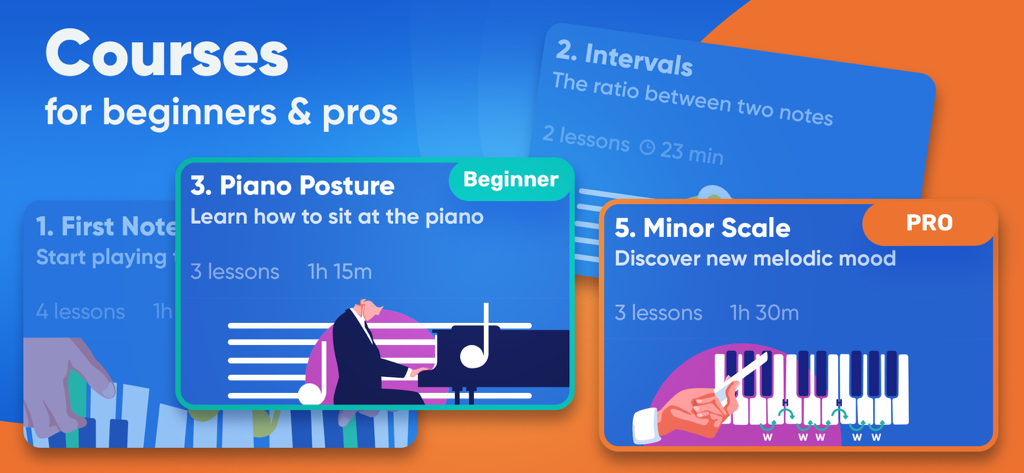 Piano Way - Learn to Play - Piano Way app screen showing piano courses for beginners and pros