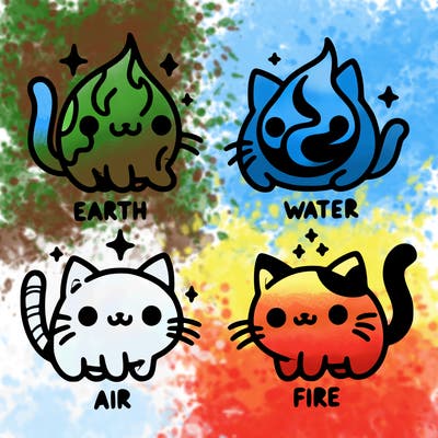 4 cats that represent the different elements, earth, water, air, and fire