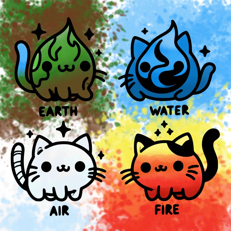 4 cats that represent the different elements, earth, water, air, and fire