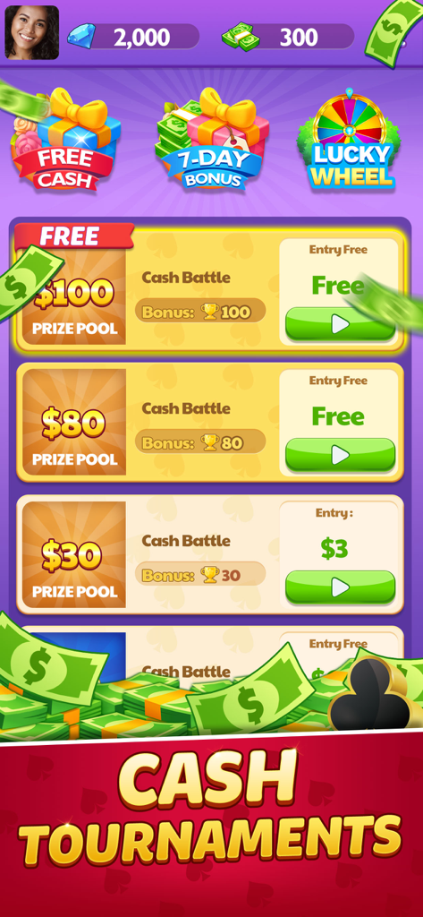 Un écran de menu de l'application Solitaire Play for Cash montrant divers tournois de combat d'argent avec des cagnottes allant jusqu'à cent dollars.