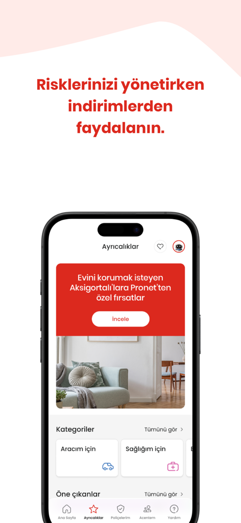 Aksigorta mobile app screen showing insurance benefits and partner discounts