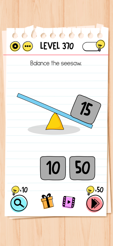 Brain Test: Tricky Puzzles - Tela do jogo mobile Brain Test para o nível 370 mostrando um quebra-cabeça de gangorra com blocos de peso