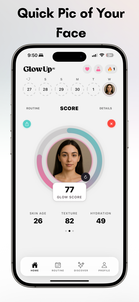 Glowup AI: Skin & Beauty Coach - Glowup AI mobile app showing skin analysis results including glow score texture and hydration levels