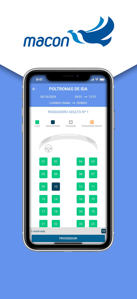 Macon Transportes - アンゴラへの旅行のためのバス座席選択マップを表示するMacon Transportesアプリのインターフェース